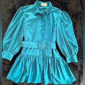 Wishing Waves Dress teal long puff sleeves size XL drop waist